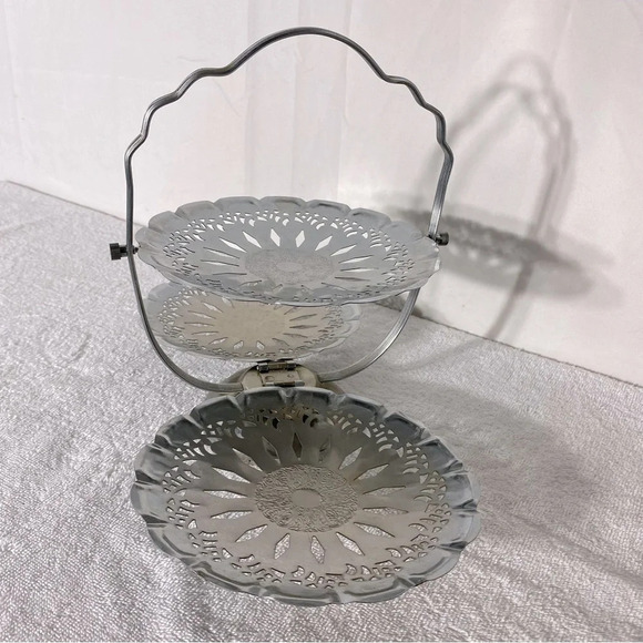 Vintage Silver Tone Three Tier Folding Dessert Sandwich  Serving Tray - Picture 2 of 16